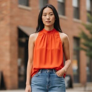 J. Crew Orange Sleeveless Halter Blouse Tie Neck